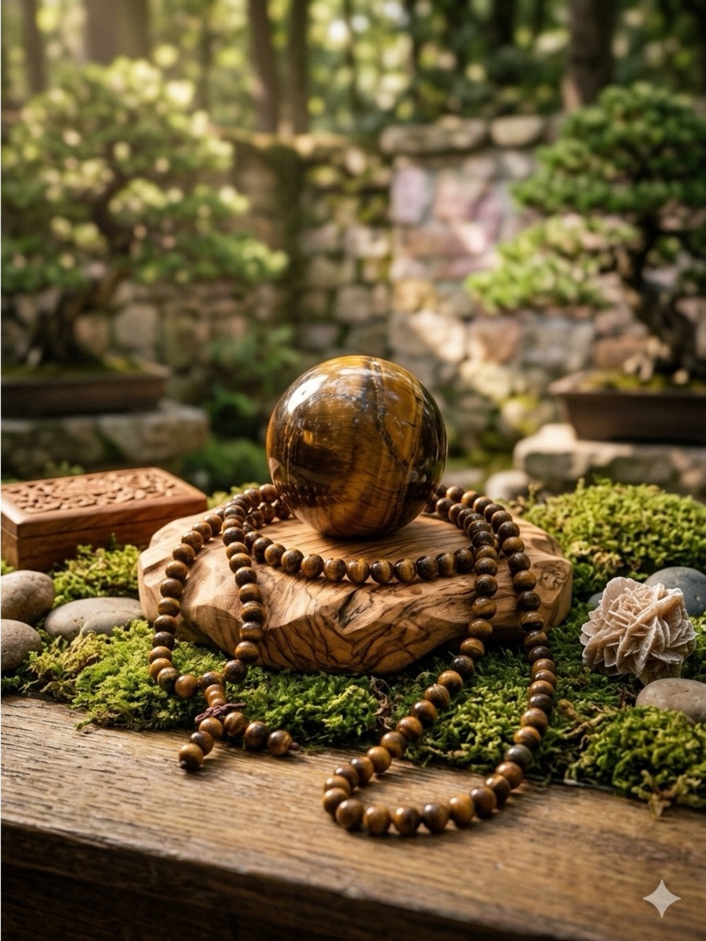 Elegant Tiger Eye Crystal Sphere on Wooden Stand with Tigers Eye necklace